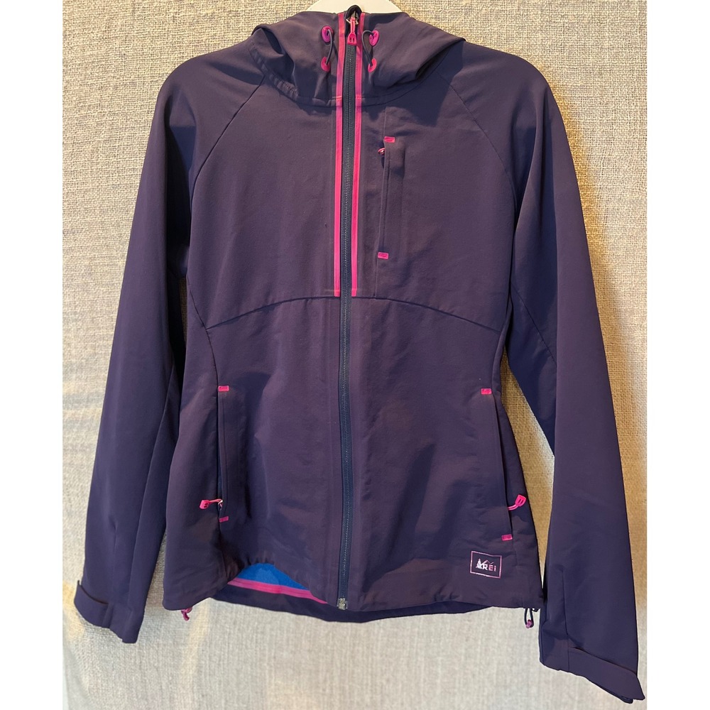 REI Co-op Womens Small Purple Softshell Hooded Jacket Pink Trim Full Zip Hiking